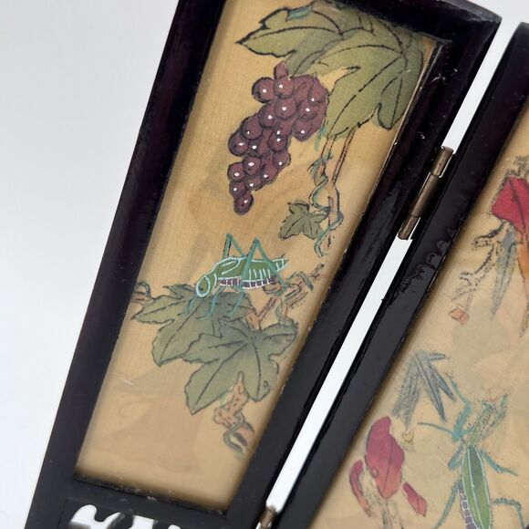 Vtg Asian Miniature Oriental 4 Panel Tabletop ScreenGeisha Insect Garden 7" - Picture 7 of 10